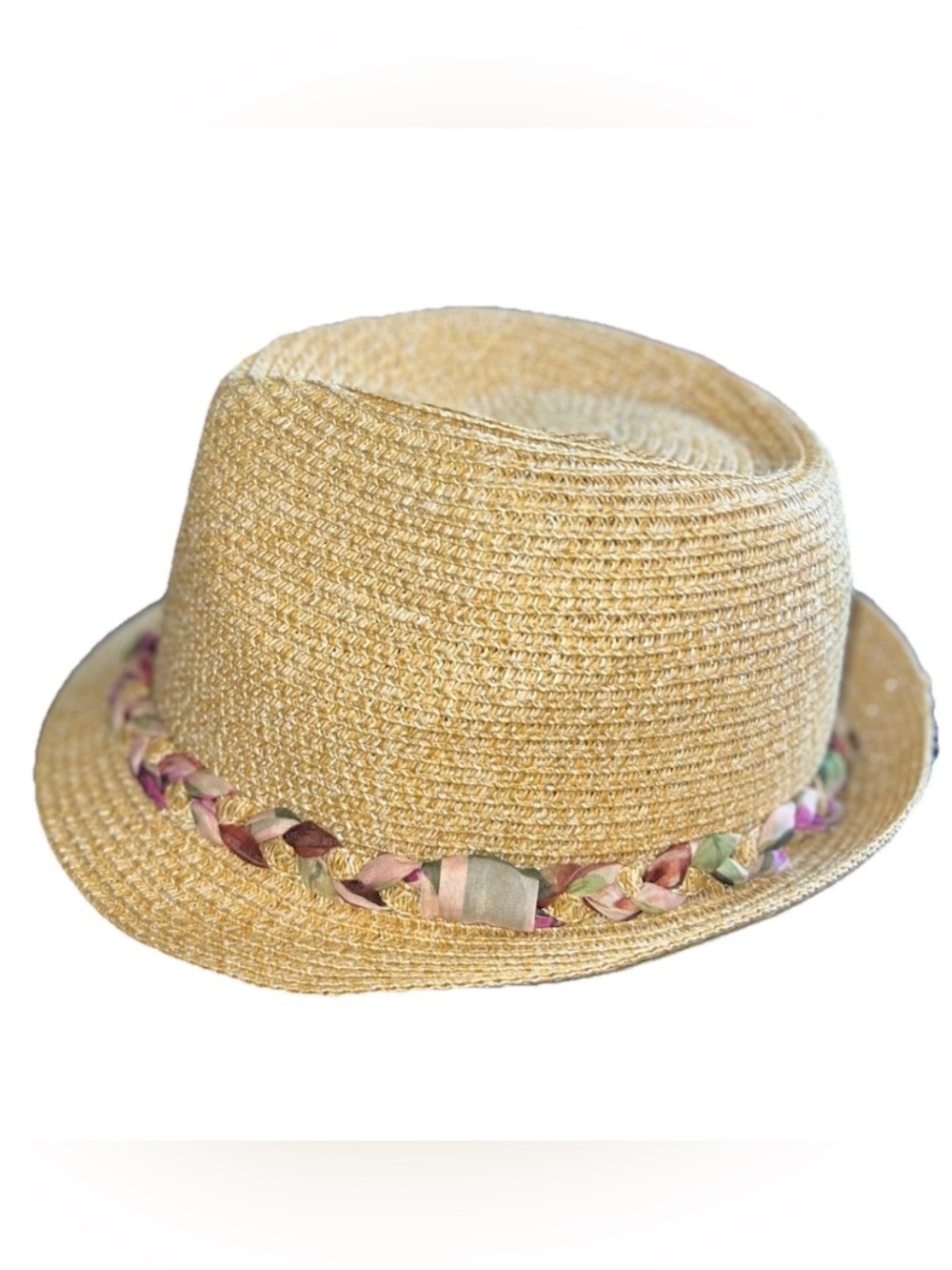 Black Rivet Straw Fedora Hat Braided Ribbon Band Tan S/M